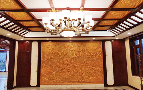 长丰镇中式别墅客厅中式木作横梁吊顶装饰展示